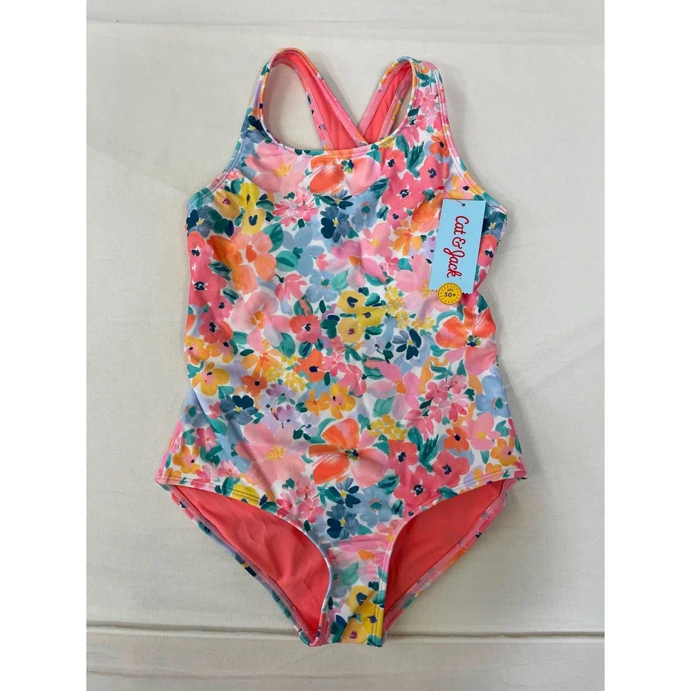 Cat & Jack Girls Floral One-Piece Swimsuit Size M 8 Plus UPF 50+